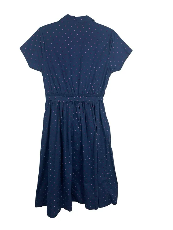 Vermont Country Store S Navy Pink Polka Dot Shirt Dress Cotton Tie Waist Cottage - Image 3