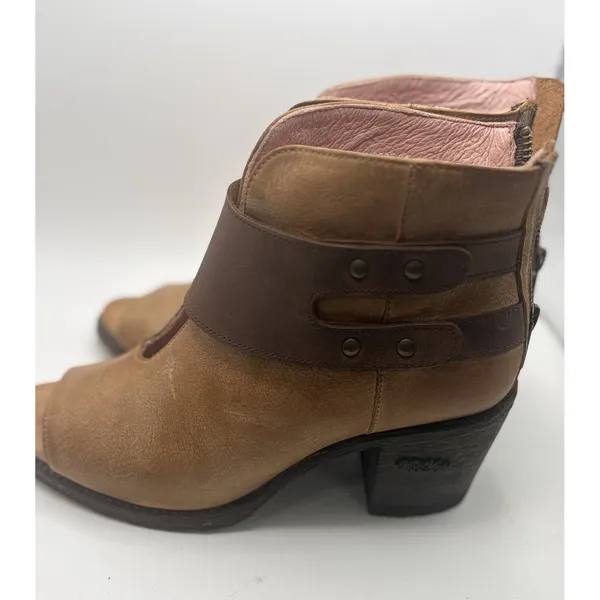Miss Macie Tan Leather Open Toe Ankle Booties Brown Strap Block Heel 3" Boots 8M - Image 5