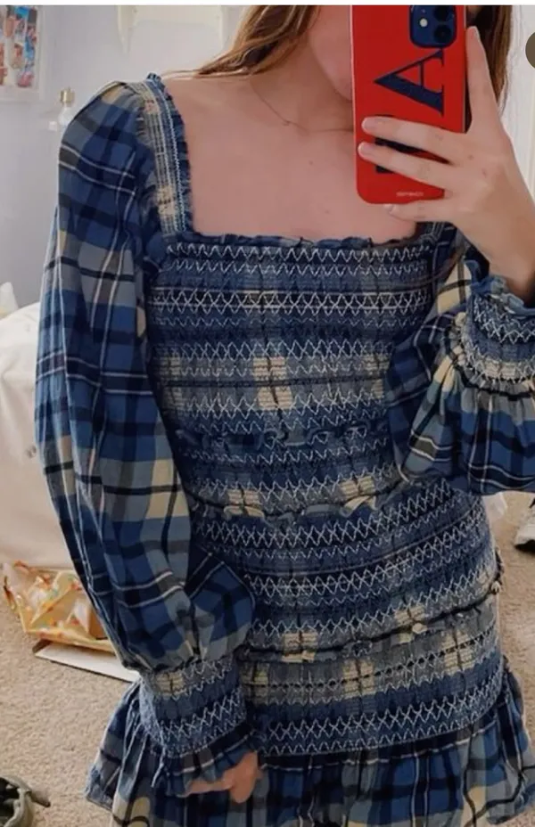 Love Shack Fancy blue and cream plaid dress - Image 4