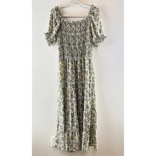 Max Studio Floral Print Puff Sleeve Smocked Tiered Maxi Sundress Green Large - Image 3