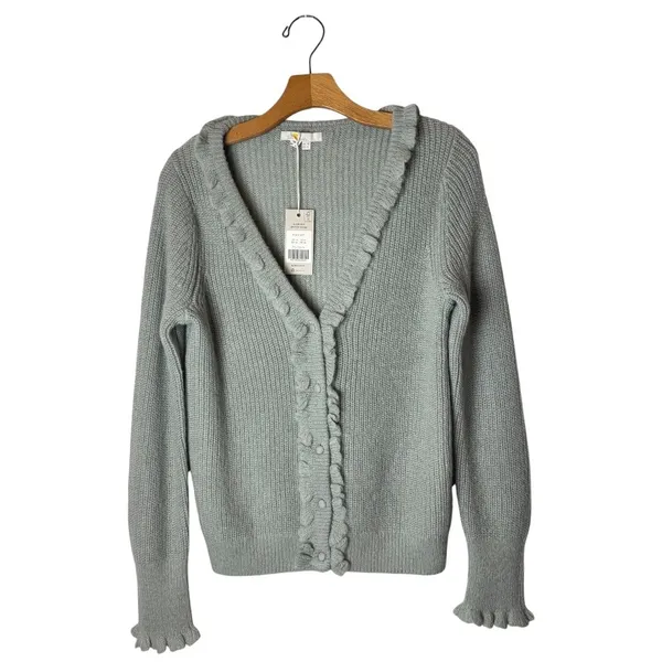 Boden Sweater Women 6 Green Sage Ruffled V Neck Button‎ Cardigan Boho Preppy NWT - Image 2