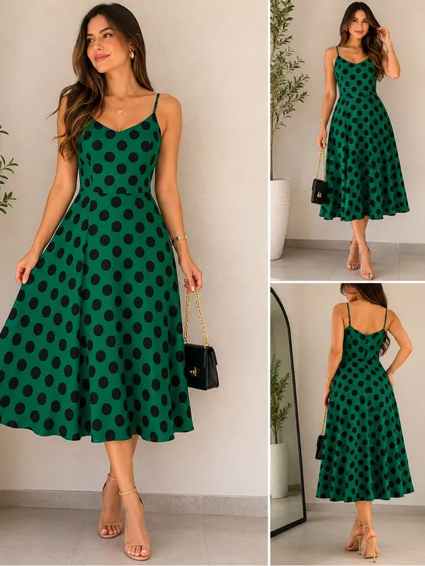 Green Polka Dot Midi Dress with Spaghetti Straps Size M - Image 2