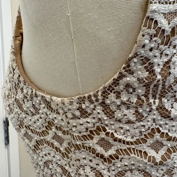 VTG 90s NiteLine White Lace Beaded Tan Mini Dress 2‎ Bridal Goth Witchy Coquette - Image 13