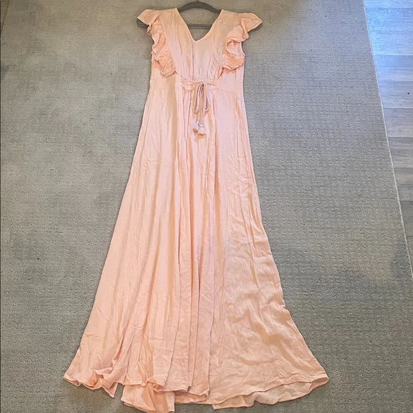 Lovestitch ruffled slit smocked maxi dress tassels new small peach pink rayon - Image 6