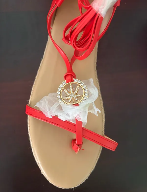 NWT ShoeDazzle Red Azima Rhinestone Espadrille Lace-Up Flat Sandals - Image 4