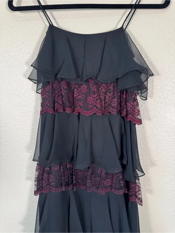Vintage 90s Black Burgundy Lace Tiered Maxi Dress Womens S Whimsigoth Witchy - Image 11
