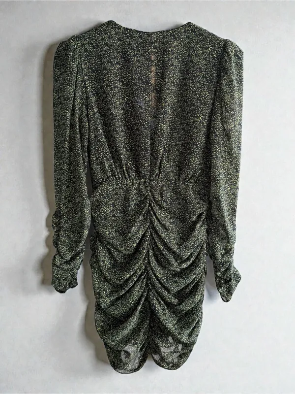 Zara Green Black Speckled Ruched V-Neck Mini‎ Dress Long Sleeve XS - Image 2