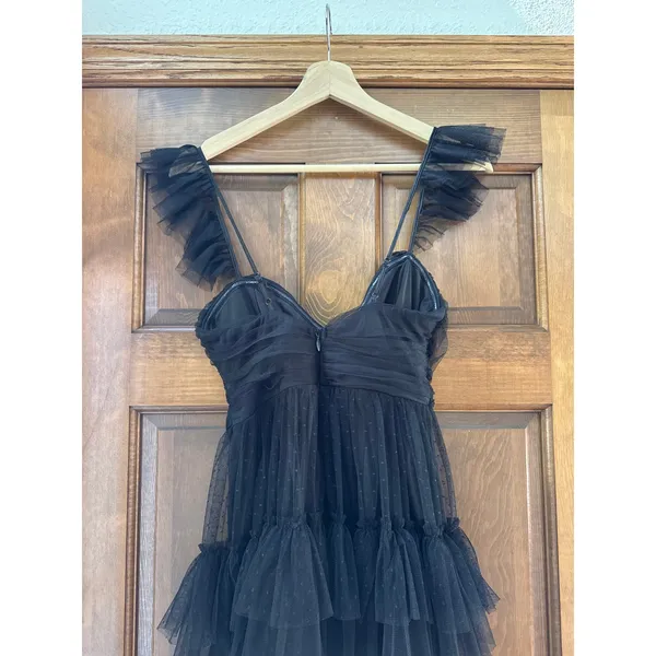 LULU'S Pure Radiance Black Mesh Swiss Dot Tiered Maxi Dress Size XS - Image 5
