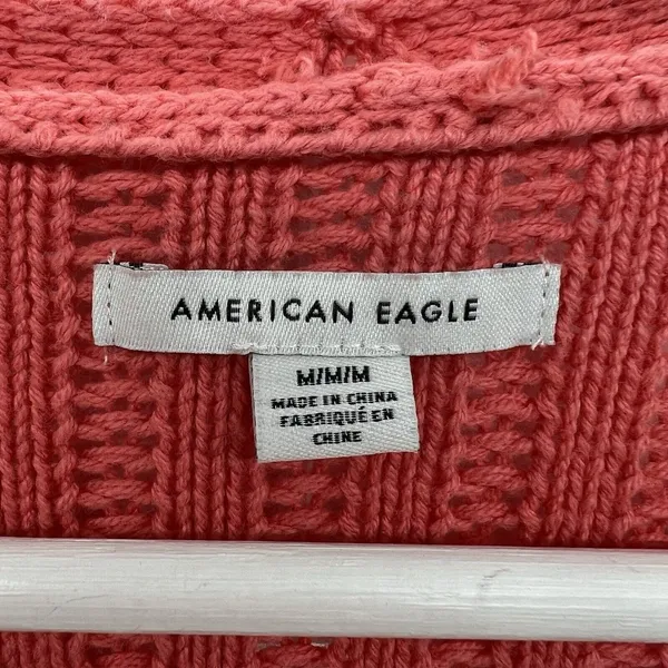 American Eagle Medium Cardigan Sweater Open Front Ribbed Coral Pink Knit Pockets - Image 6