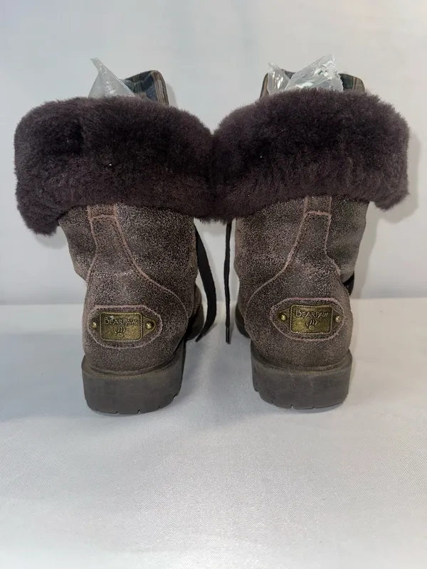 BEARPAW Kayla Women 7 Brown Suede Shearling Fur Cuff Lace Up Plaid Winter Boots - Image 6