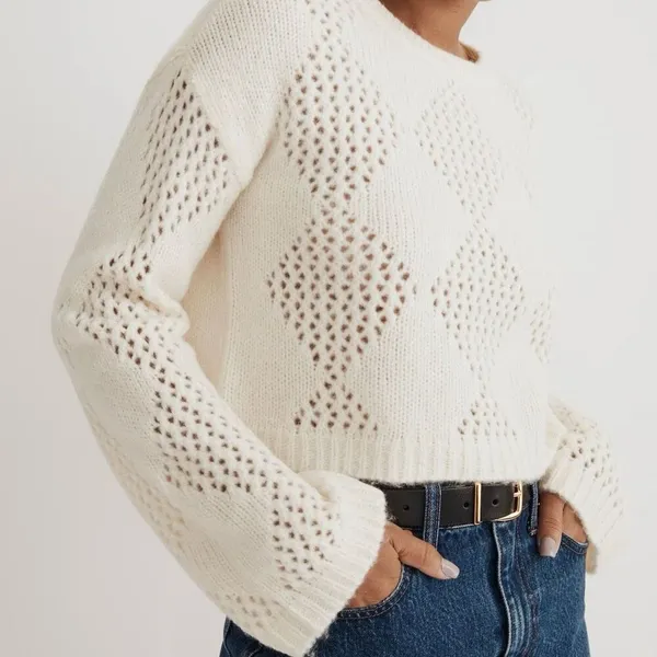 Madewell Diamond-Stitch Crewneck Crop Sweater in Cream - Image 5