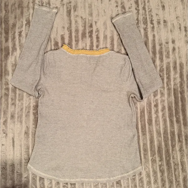 Hem & Thread Womens‎ Blue Waffle Knit Henley Thermal Long Sleeve Mustard Trim M - Image 3