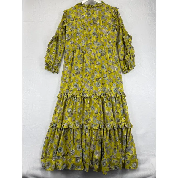 ALEXIS Auja Floral‎ Print Crepe Midi Dress Ruffle Sleeve Tiered Yellow XS - Image 9