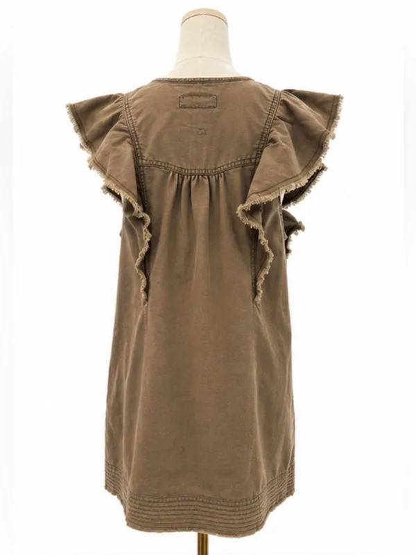 Pilcro Anthropologie Brown Cotton Ruffle Sleeve Button Front Dress Medium - Image 3