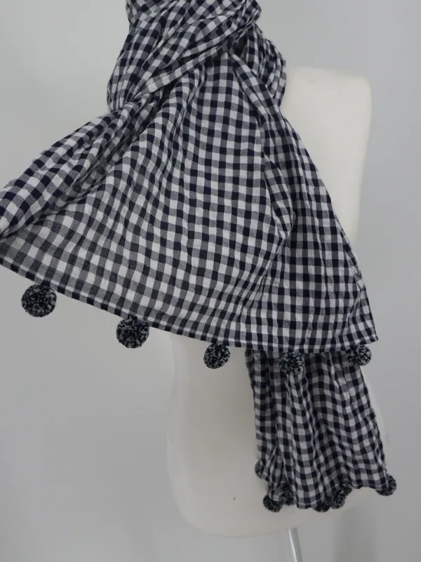 J.Crew Navy White Gingham Plaid Pom Pom Scarf 100% Cotton NWT Preppy Picnic - Image 4