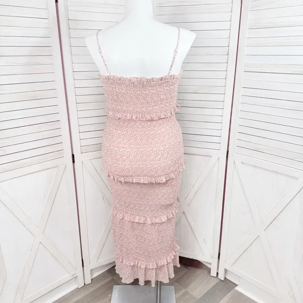 Mabel Daphne Ditsy Flower Ruffe Trim Smocked Midi Long Tube Dress Pink‎ Large - Image 6