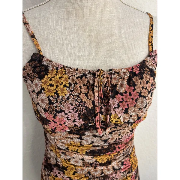 Ultra Flirt Bodycon Mini Dress Small Multicolor Floral Ruched Mesh Tie Front - Image 3