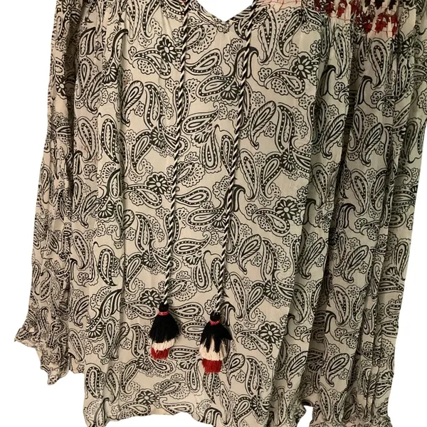 Sundance Paisley Peasant Blouse Smocked Detail & Tassels Womens L boho casual - Image 6