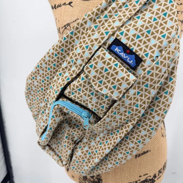 KAVU Rope Sling Backpack Geometric Print Adjustable Strap‎ Teal Tan Brown Travel - Image 2
