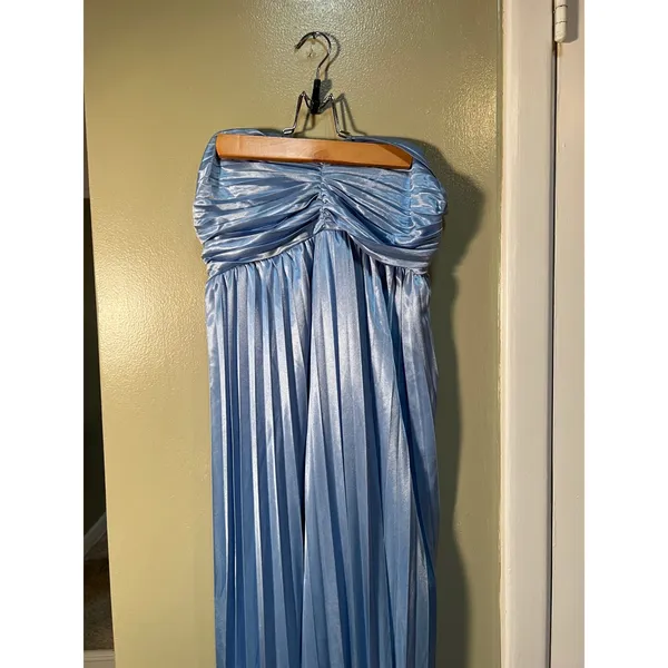 Women's Size Medium Strapless Maxi Dress Plisse Pleated Light Blue Corset Back - Image 3