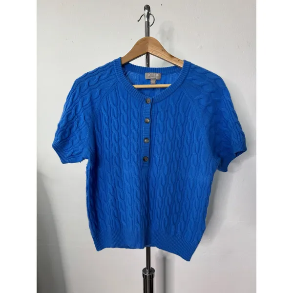 J.Crew Cardigan Sweater Blue Cashmere Cable Knit Short Sleeve Button Front - Image 2