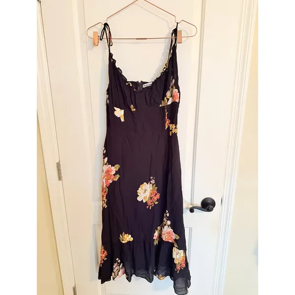Reformation Dress Womens 12 Black Floral Juliette Tie Strap Ruffle Midi‎ Viscose - Image 4