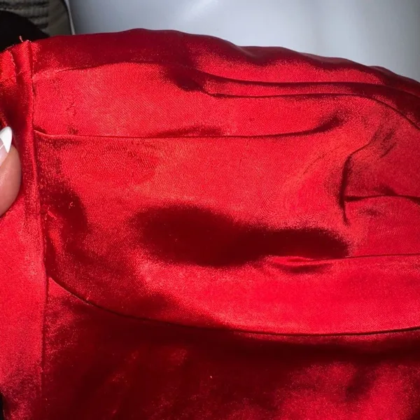 MORE TO COME Paloma Strapless Mini Dress Red Satin Ruched RuffleRevolve Medium - Image 9