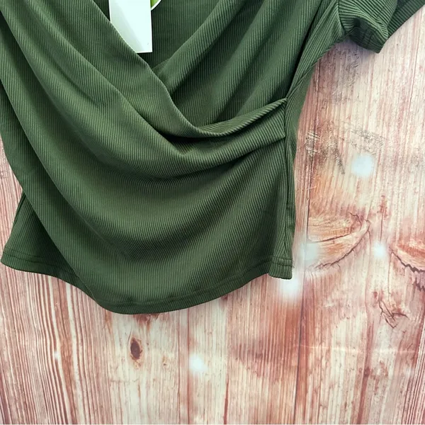 Cider Olive Green Faux Wrap Jersey Short Sleeve T Shirt - Image 7