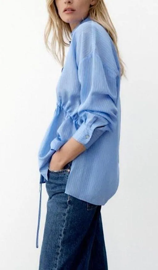Zara Wrinkled Drawstring Waist Striped Shirt 4387/042/044 Blue White Size XL - Image 4