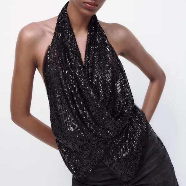 ZARA Black Sparkly Top Backless Halter - Image 2