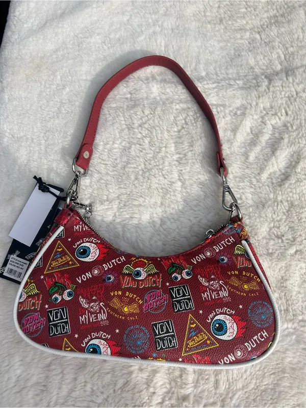 Von Dutch red Jax shoulder bag purse silver chain charms Y2K biker NWT - Image 5