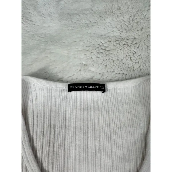 Brandy Melville White Ribbed Henley Long Sleeve Top - Image 3