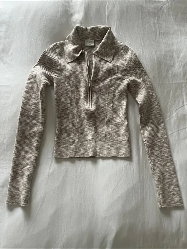 Abercrombie & Fitch | Marled Ribbed Half Zip Collar Sweater Top Beige Cream XXS - Image 3