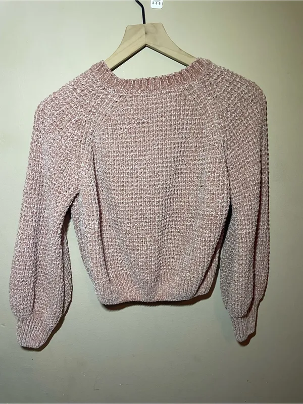 Altar’d State Pink Chenille Cropped Sweater Small Cozy Waffle KnitBalloon Sleeve - Image 4