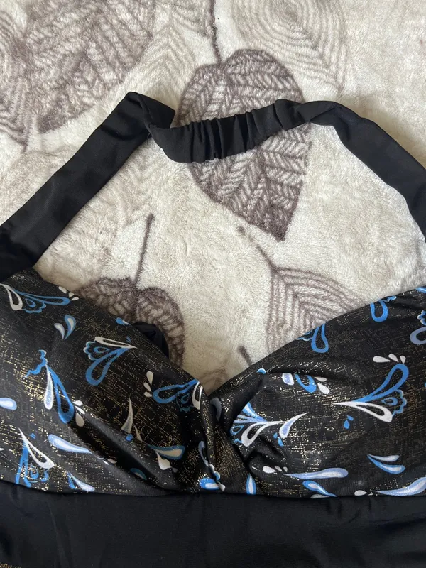 Y2k vintage blusón Black Halter Neck Print Dress with Blue Accents - Image 7