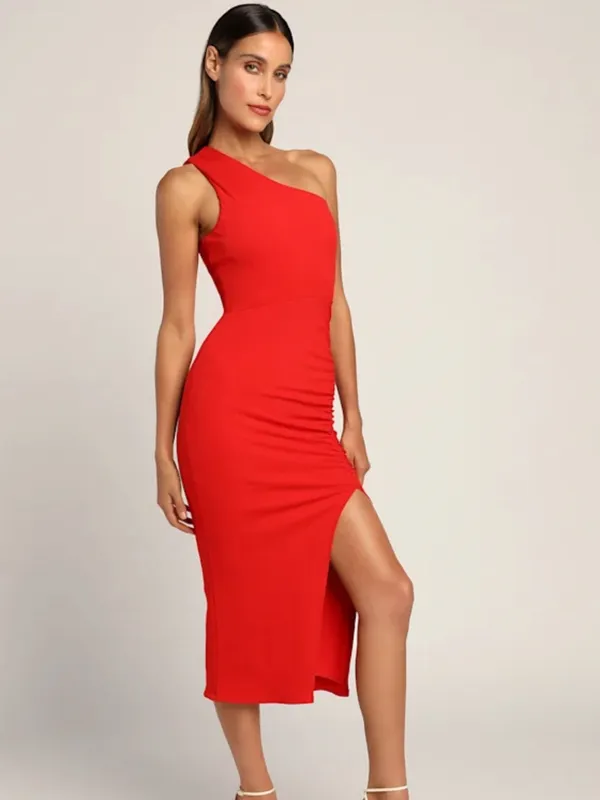 Lulus Centered on Style Red One-Shoulder Bodycon Ribbed Midi Dress Ruched Slit - Image 2