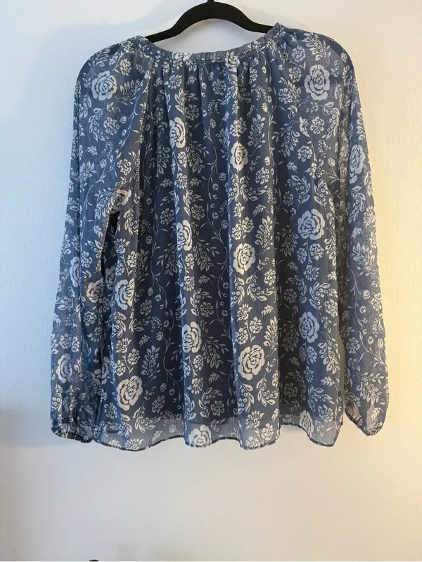 LC Lauren Conrad Blue Floral Tie-Neck Blouse - Image 3