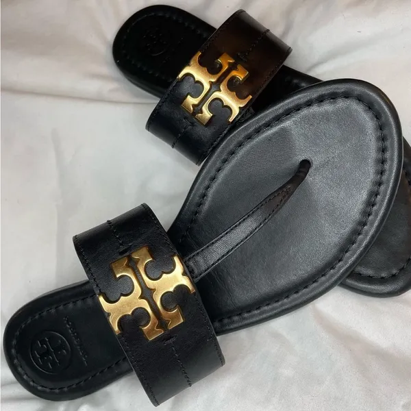 Tory Burch‎ Black Leather Miller Sandals Gold Logo Women’s Size 6.5 - Image 4