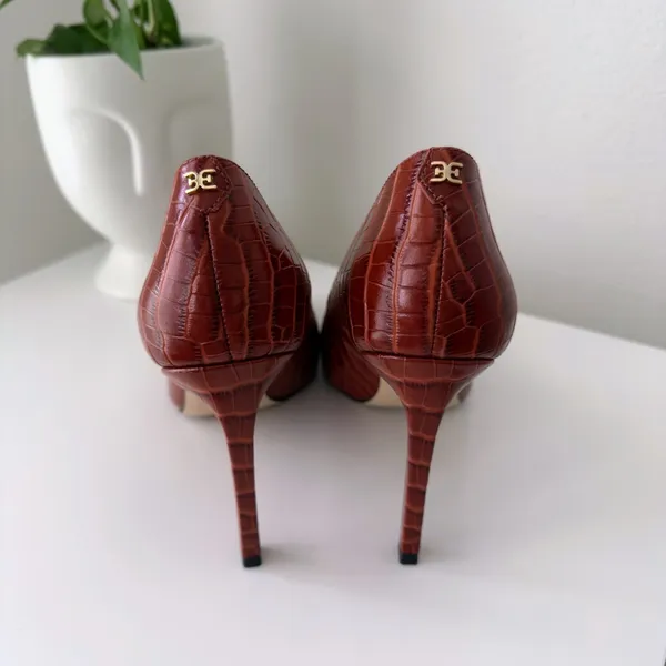 Sam Edelman Beth Cinnamon Croc Embossed Leather Square Toe Stiletto Heels 8 - Image 4