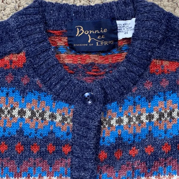 Vintage Fair‎ Isle Cardigan Sweater Navy Red Nordic Preppy Medium Heritage Knit - Image 10