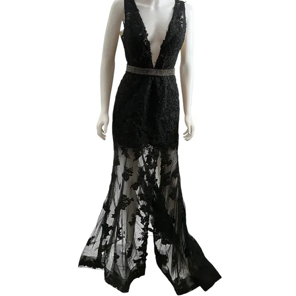 Sherri Hill Black Lace Plunging V-Neck Beaded Waist Formal Gown Dress Size 4 - Image 3