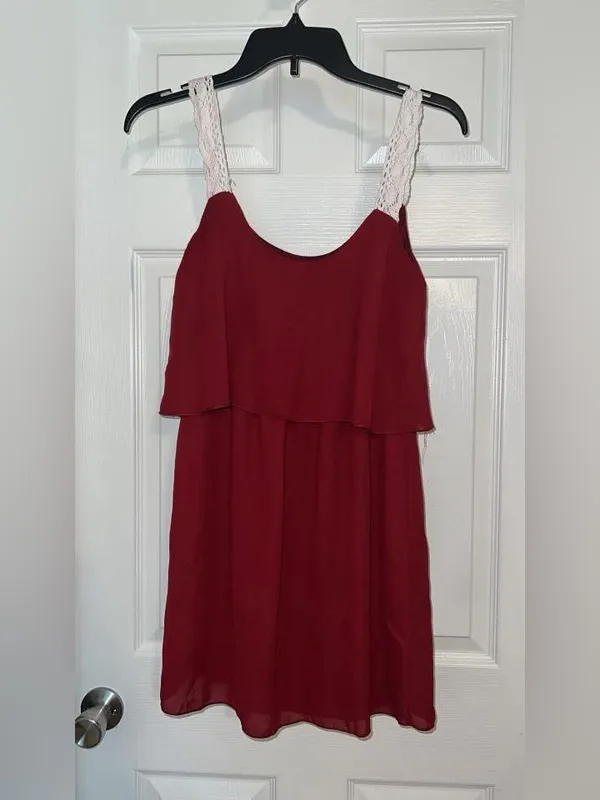 Women’s Mini Dress with Lace Straps - Burgundy - Image 2