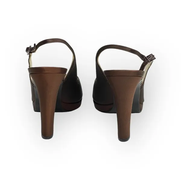 Stuart Weitzman ❤︎ Metallic Silk Peep Toe Slingback Heeled Sandals ❤︎ Chocolate - Image 6