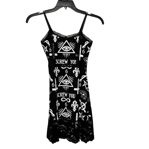 Rat Baby Womens Black Occult‎ Graphic Lace Trim Slip Mini Dress Small - Image 7