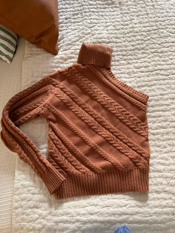 SheIn Brown cable knit one sleeve turtleneck sweater - Image 4