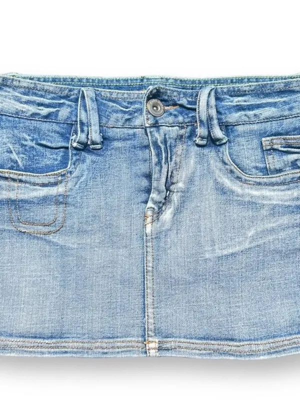 🌸MY2K Mudd Blue Denim Mini Skirt Embroidered Beaded Pockets Button Size S - Image 3
