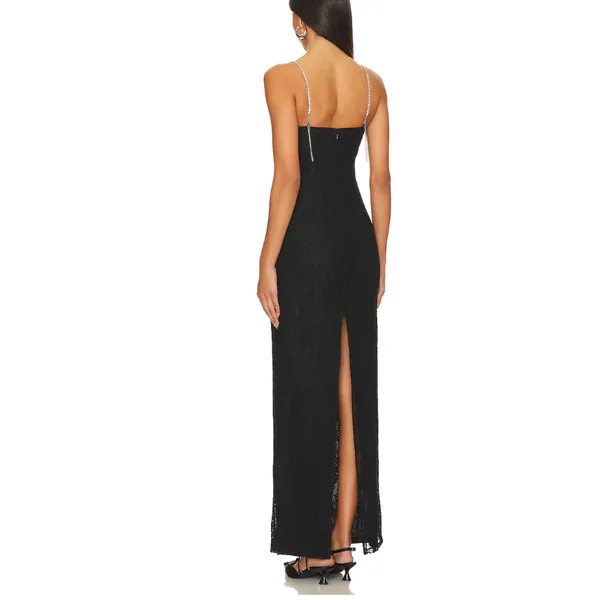 Lovers + Friends Black Lace Gown MEDIUM Maxi Dress Rhinestone Rosette $300 NEW - Image 3
