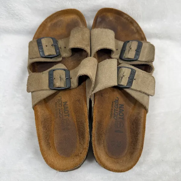 Naot Santa Barbara Suede Slide Sandals Taupe Tan Buckle Cork Footbed EU 39 US‎ 8 - Image 9