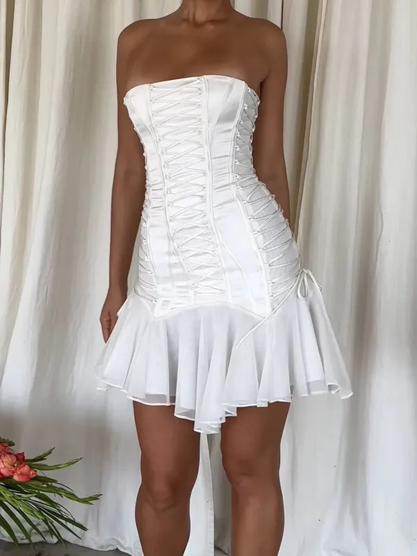 House of CB Sirena White Strapless Lace Up Mini Dress XS Tall - Image 14