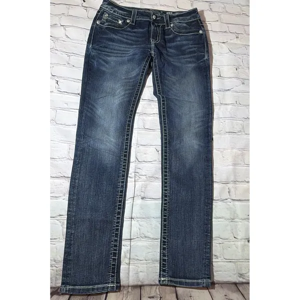 Miss Me Jeans Womens 28 Signature Skinny Blue Jeans Rhinestones Embroidered - Image 3